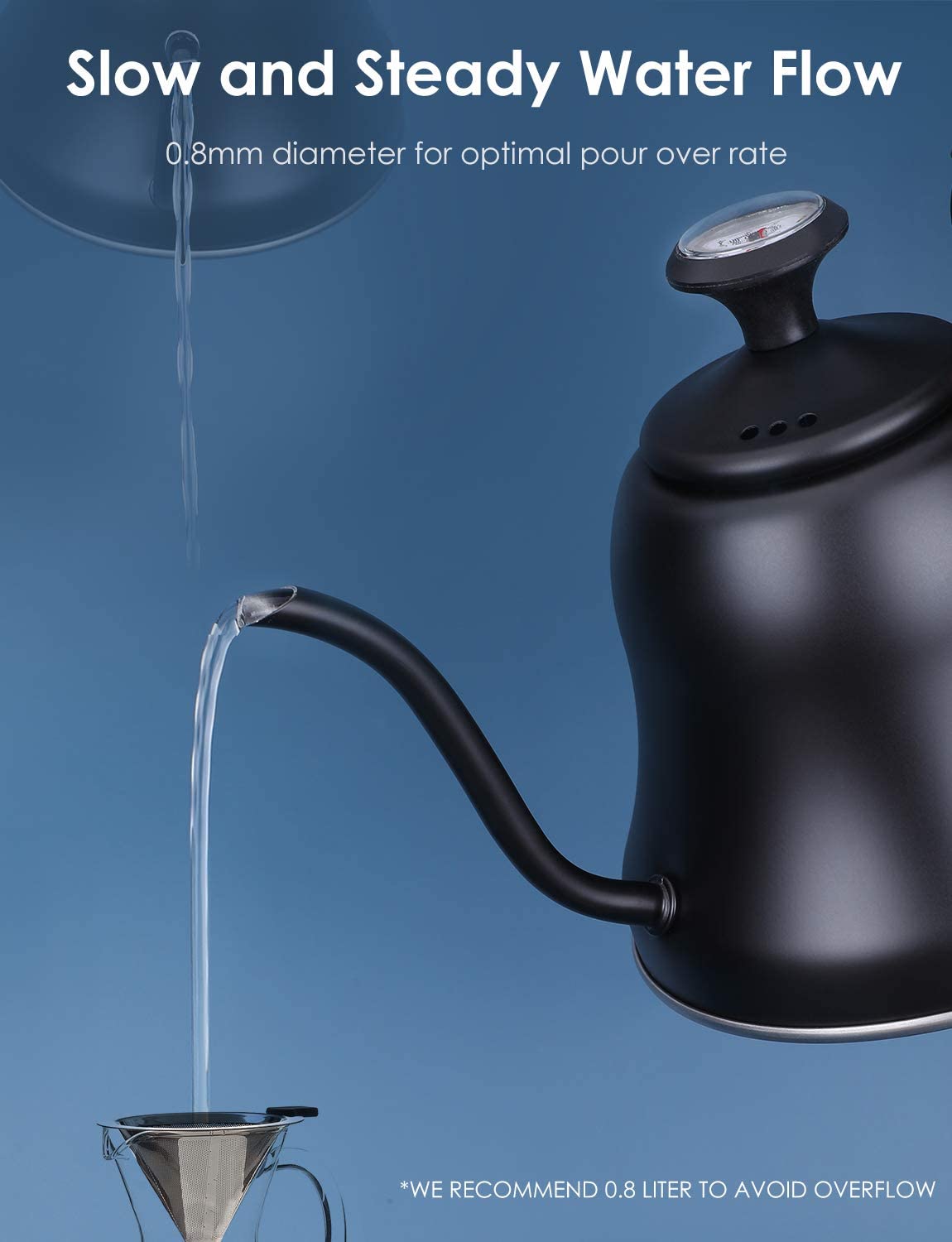 Tea Kettle with Thermometer for Stove Top Gooseneck Kettle, Small Pour Over Coffee Kettle, Goose Neck Tea Pot Stovetop Teapot, Hot Water Heater Boiler for Camping, Home & Kitchen, Matte Black