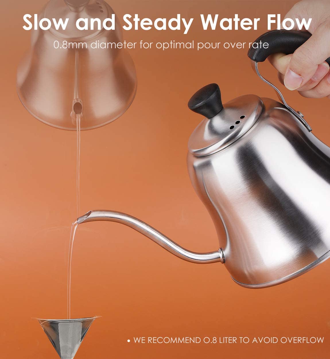 Coffee Kettle for Stove Top Premium Gooseneck Kettle, Small Pour Over Coffee Kettle, Goose Neck Tea Pot Stovetop Teapot, Hot Water Heater for Camping, Home & Kitchen, Stainless Steel, Brushed