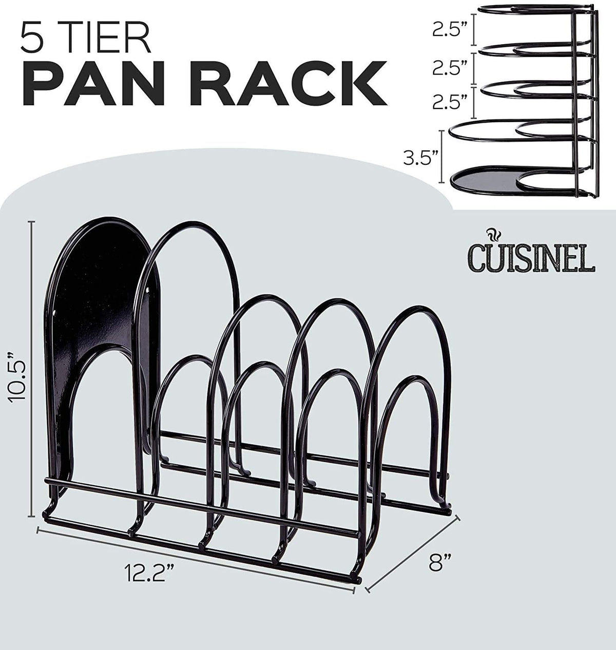 Heavy Duty Pan Organizer, 5 Tier Rack - Holds up to 50 LB - Holds Cast Iron Skillets, Griddles and Shallow Pots - Durable Steel Construction