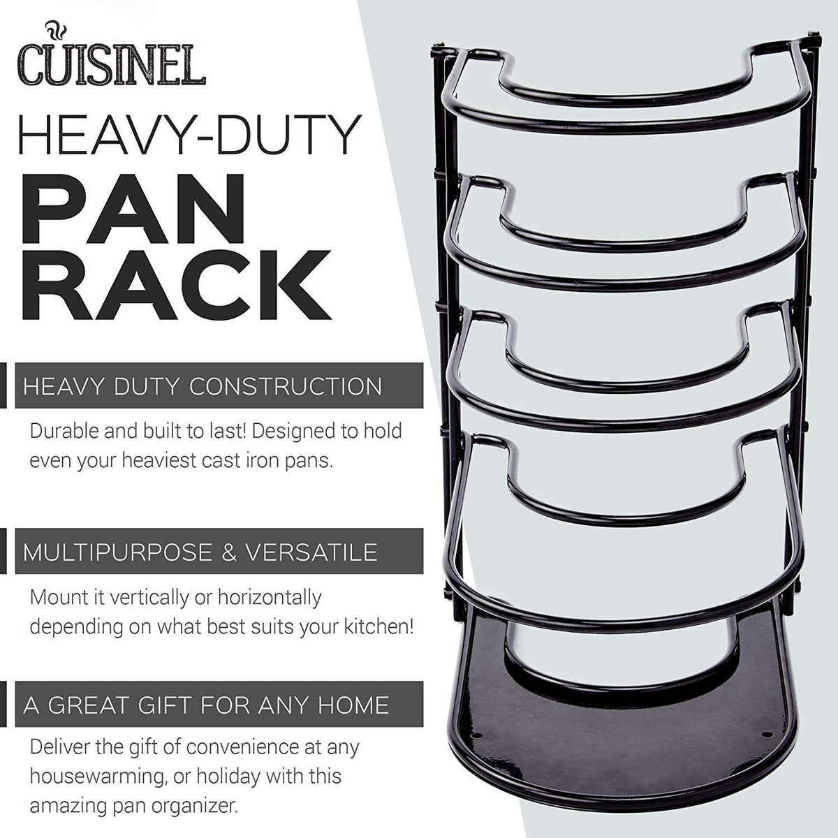 Heavy Duty Pan Organizer, 5 Tier Rack - Holds up to 50 LB - Holds Cast Iron Skillets, Griddles and Shallow Pots - Durable Steel Construction