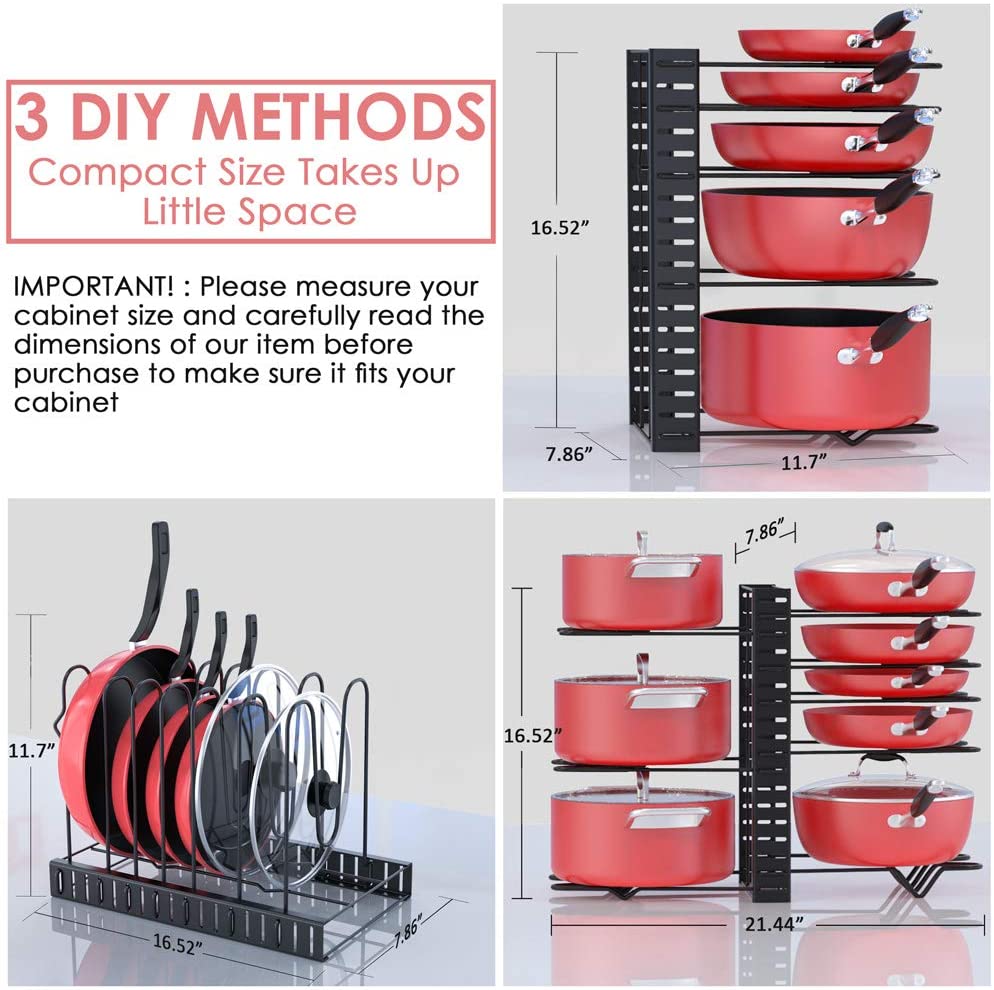 Pan Organizer Rack for Cabinet, Pot Rack with 3 DIY Methods, Adjustable Pots and Pans Organizer under Cabinet with 8 Tiers, Large & Small Pot Organizer Rack for Cabinet Kitchen Cookware Organizer