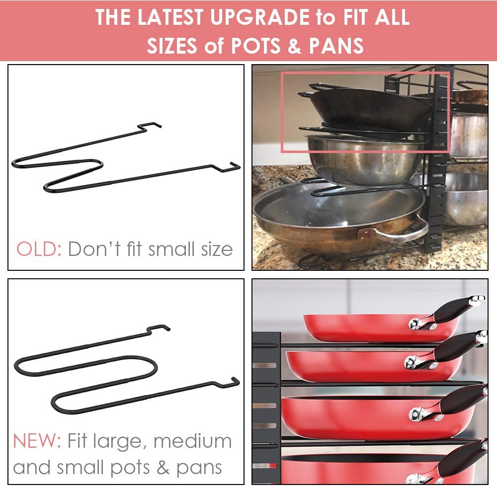 Pan Organizer Rack for Cabinet, Pot Rack with 3 DIY Methods, Adjustable Pots and Pans Organizer under Cabinet with 8 Tiers, Large & Small Pot Organizer Rack for Cabinet Kitchen Cookware Organizer