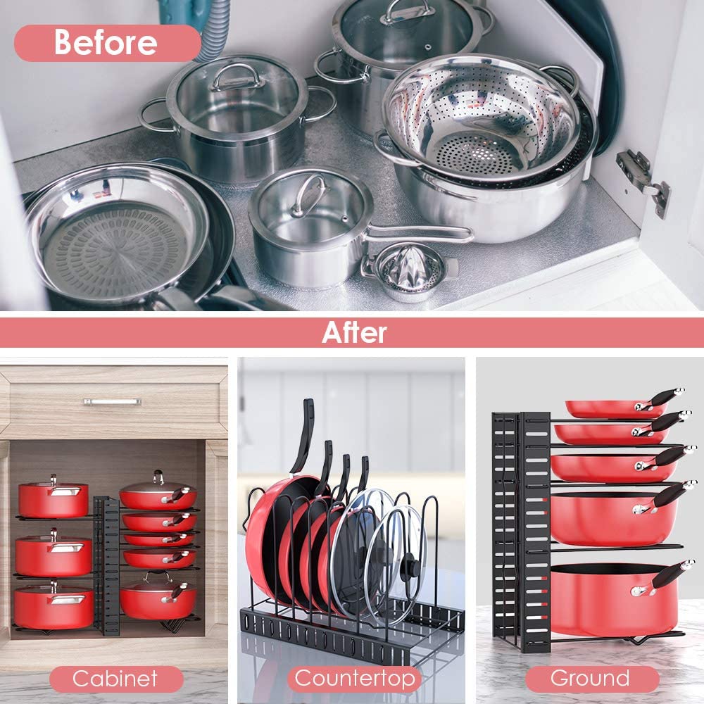 Pan Organizer Rack for Cabinet, Pot Rack with 3 DIY Methods, Adjustable Pots and Pans Organizer under Cabinet with 8 Tiers, Large & Small Pot Organizer Rack for Cabinet Kitchen Cookware Organizer
