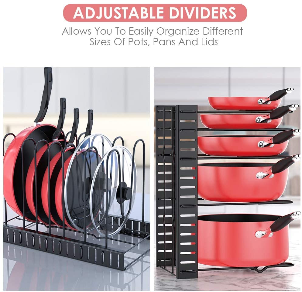 Pan Organizer Rack for Cabinet, Pot Rack with 3 DIY Methods, Adjustable Pots and Pans Organizer under Cabinet with 8 Tiers, Large & Small Pot Organizer Rack for Cabinet Kitchen Cookware Organizer