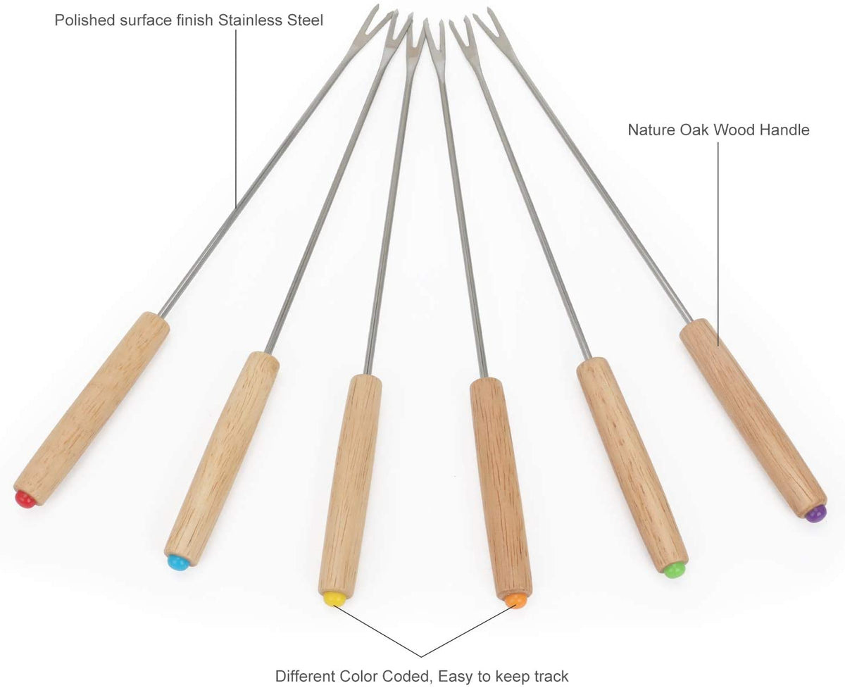 Fondue Fork, 18Pcs Stainless Steel Color Coding Fondue Forks with Oak Wood Handle Heat Resistant for Chocolate Fountain Cheese Fondue Roast Marshmallows, 9.5 Inch