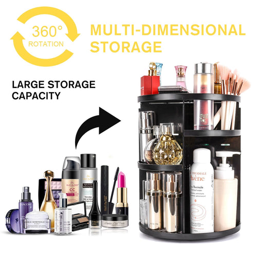 360 Rotating Makeup Organizer, DIY Adjustable Makeup Carousel Spinning Holder Storage Rack, Large Capacity Make up Caddy Shelf Cosmetics Organizer Box, Great for Countertop, Black