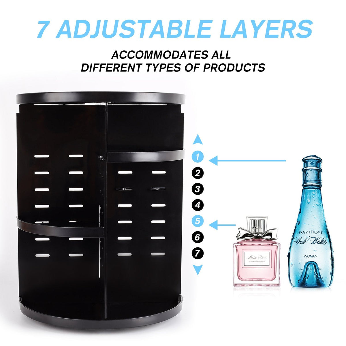 360 Rotating Makeup Organizer, DIY Adjustable Makeup Carousel Spinning Holder Storage Rack, Large Capacity Make up Caddy Shelf Cosmetics Organizer Box, Great for Countertop, Black