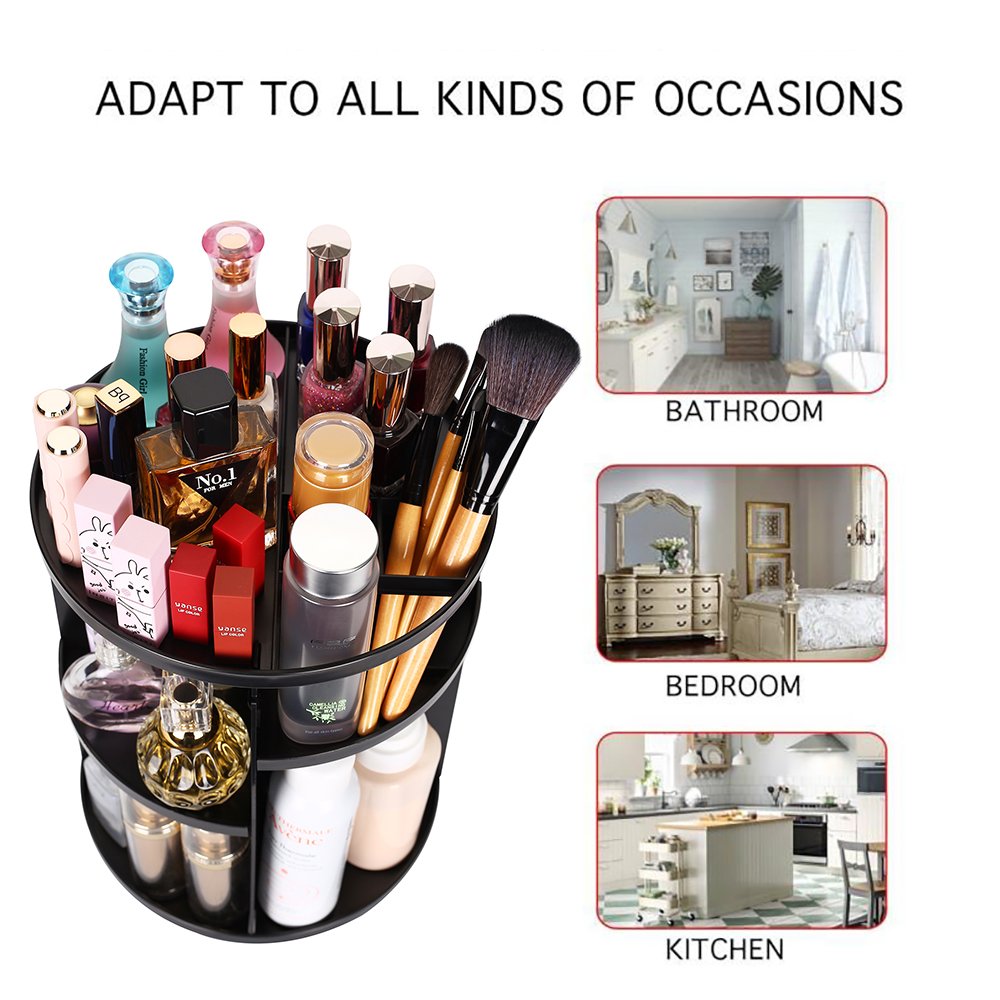 360 Rotating Makeup Organizer, DIY Adjustable Makeup Carousel Spinning Holder Storage Rack, Large Capacity Make up Caddy Shelf Cosmetics Organizer Box, Great for Countertop, Black