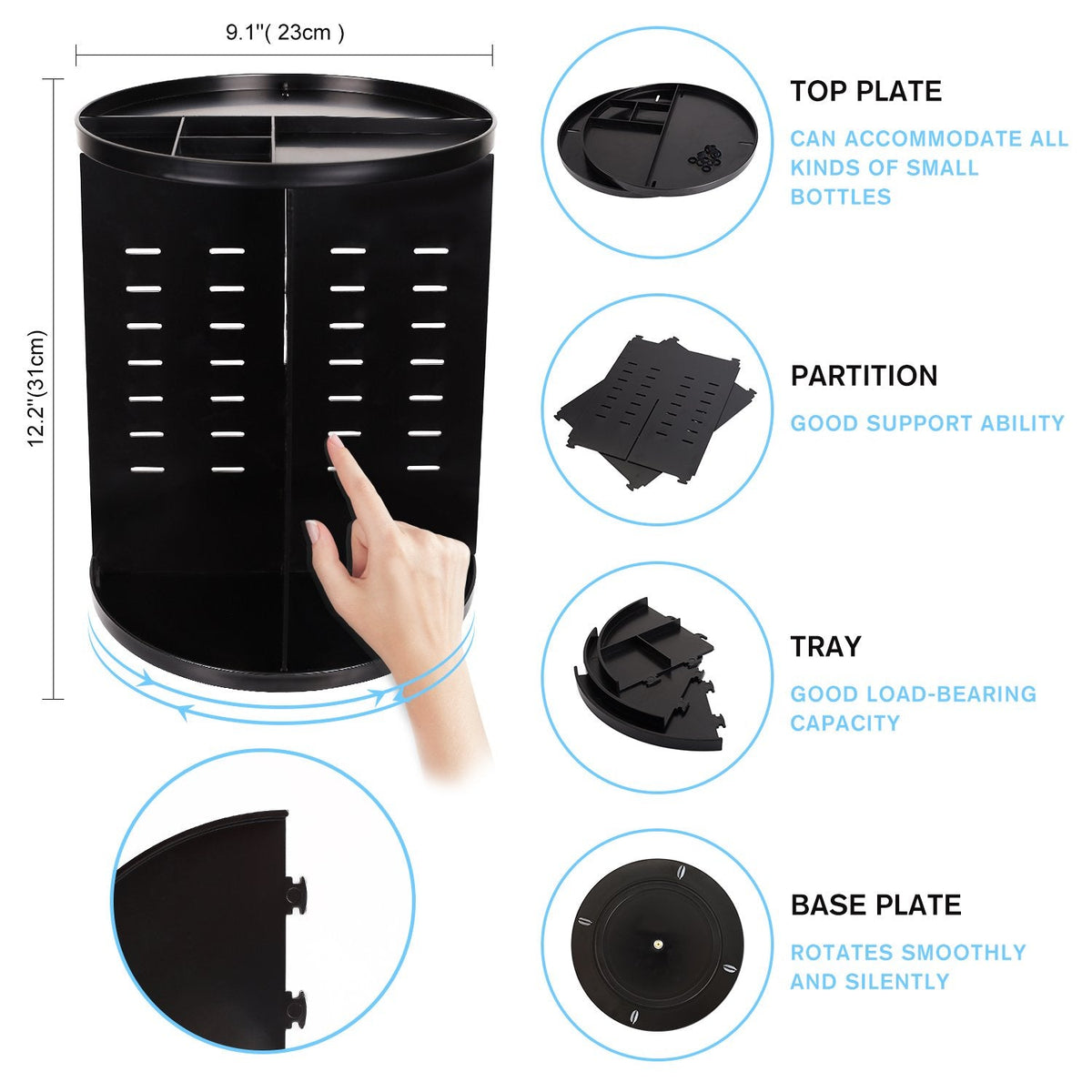 360 Rotating Makeup Organizer, DIY Adjustable Makeup Carousel Spinning Holder Storage Rack, Large Capacity Make up Caddy Shelf Cosmetics Organizer Box, Great for Countertop, Black