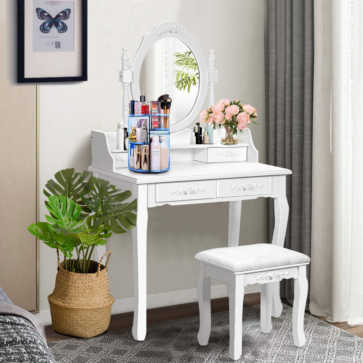 Rotating Makeup Organizer, Makeup Carousel Spinning Holder Storage Rack, Large Capacity Make up Caddy Shelf Cosmetics Organizer, Great for Countertop, Blue
