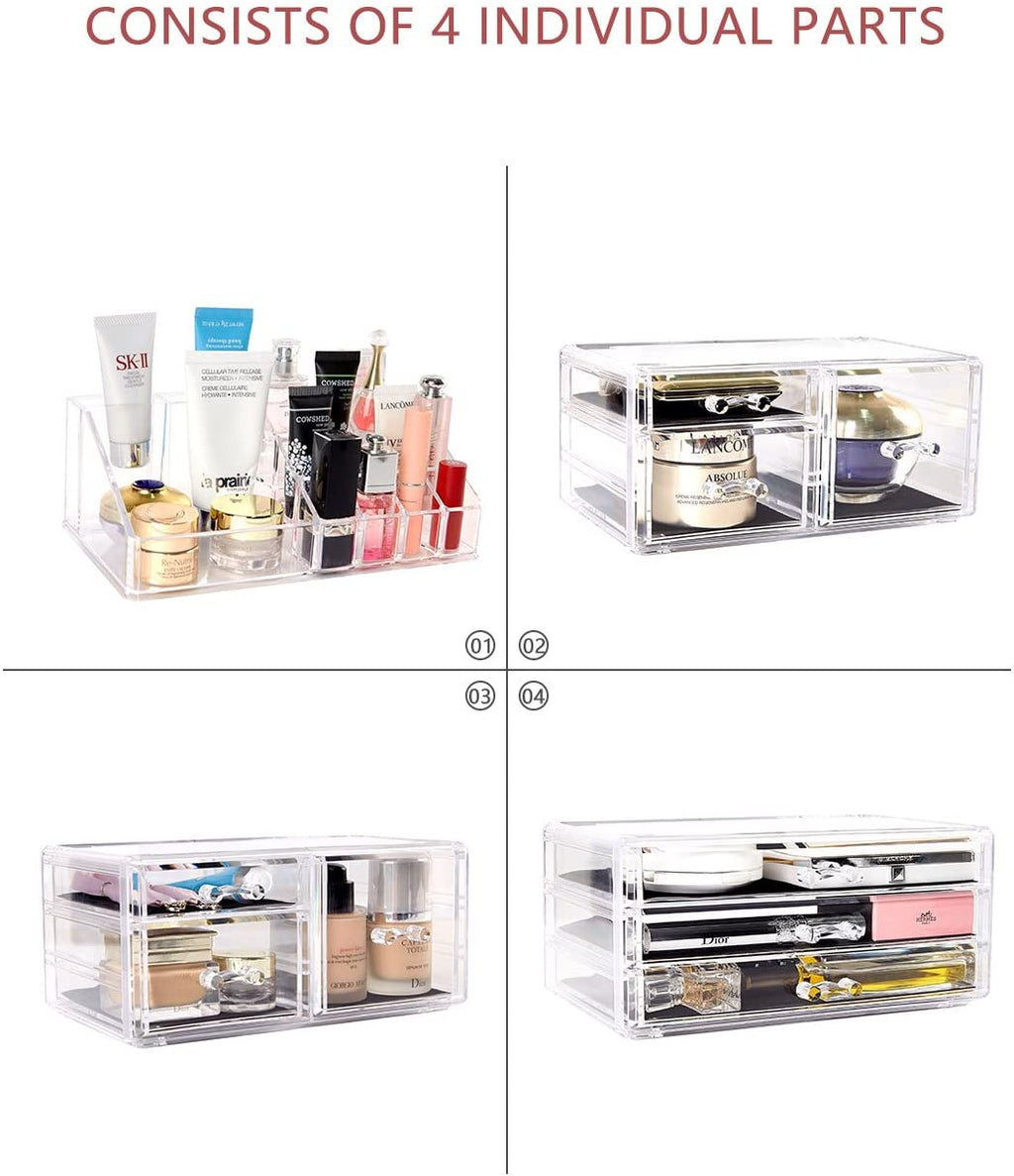 Makeup Organizer 4 Pieces Acrylic Jewelry and Cosmetic Storage Display Boxes with 9 Drawers