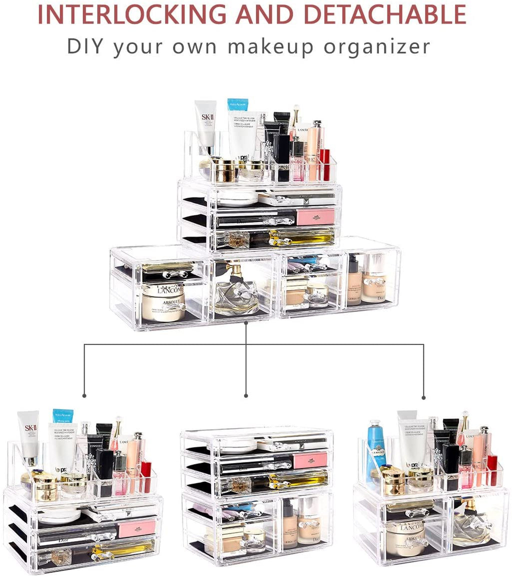 Makeup Organizer 4 Pieces Acrylic Jewelry and Cosmetic Storage Display Boxes with 9 Drawers
