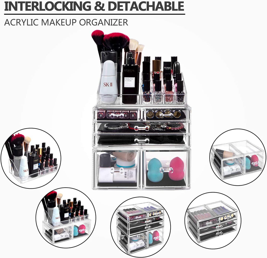 Makeup Organizer 3 Pieces Acrylic Cosmetic Storage Drawers and Jewelry Display Box, Clear