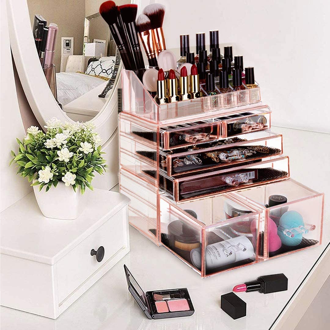 Makeup Organizer 3 Pieces Acrylic Cosmetic Storage Drawers and Jewelry Display Box, Pink