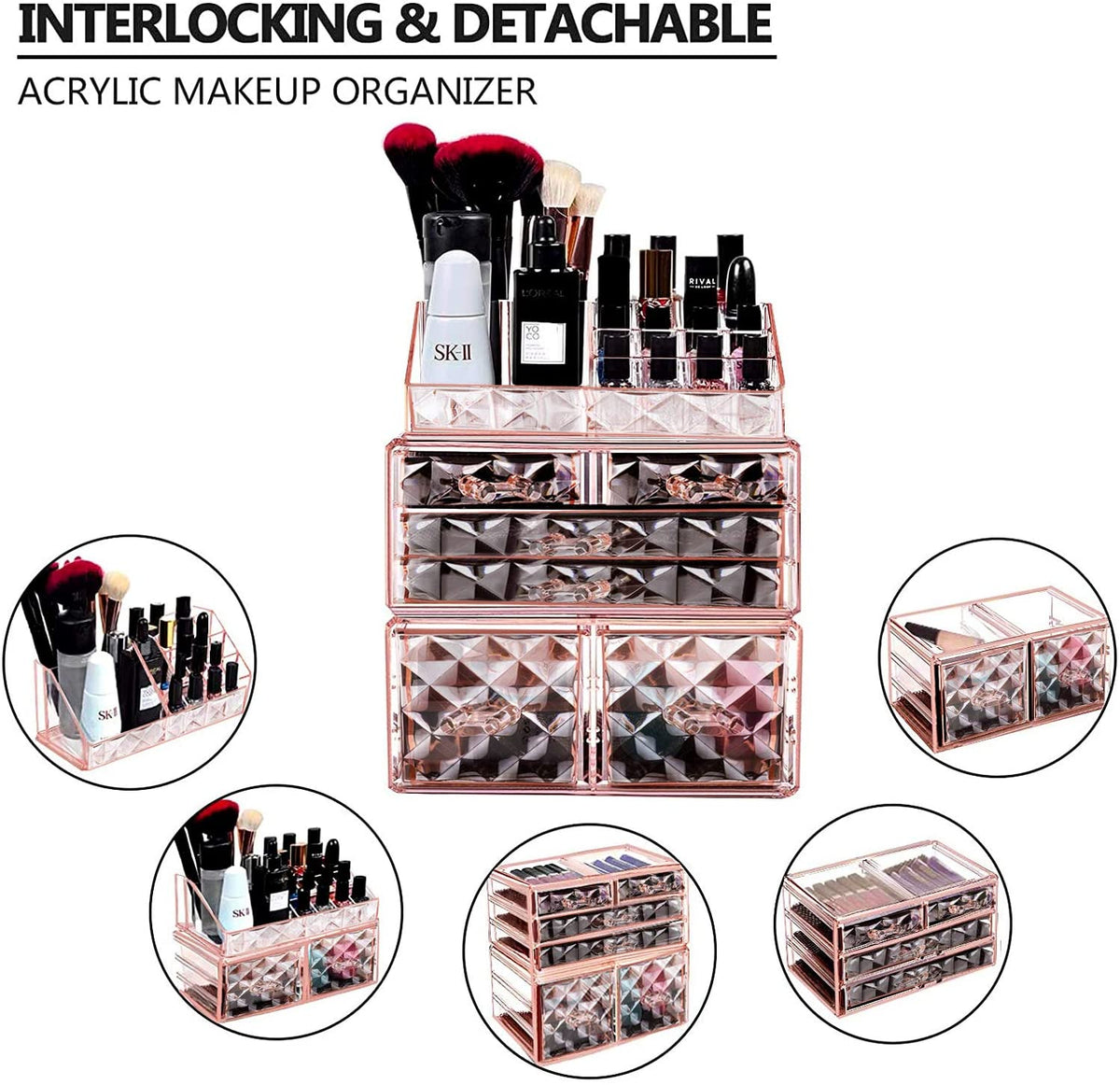 Makeup Organizer 3 Pieces Acrylic Cosmetic Storage Drawers and Jewelry Display Box, Pink Diamond Pattern