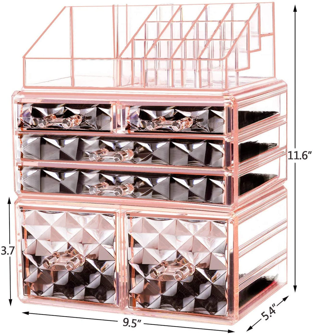 Makeup Organizer 3 Pieces Acrylic Cosmetic Storage Drawers and Jewelry Display Box, Pink Diamond Pattern