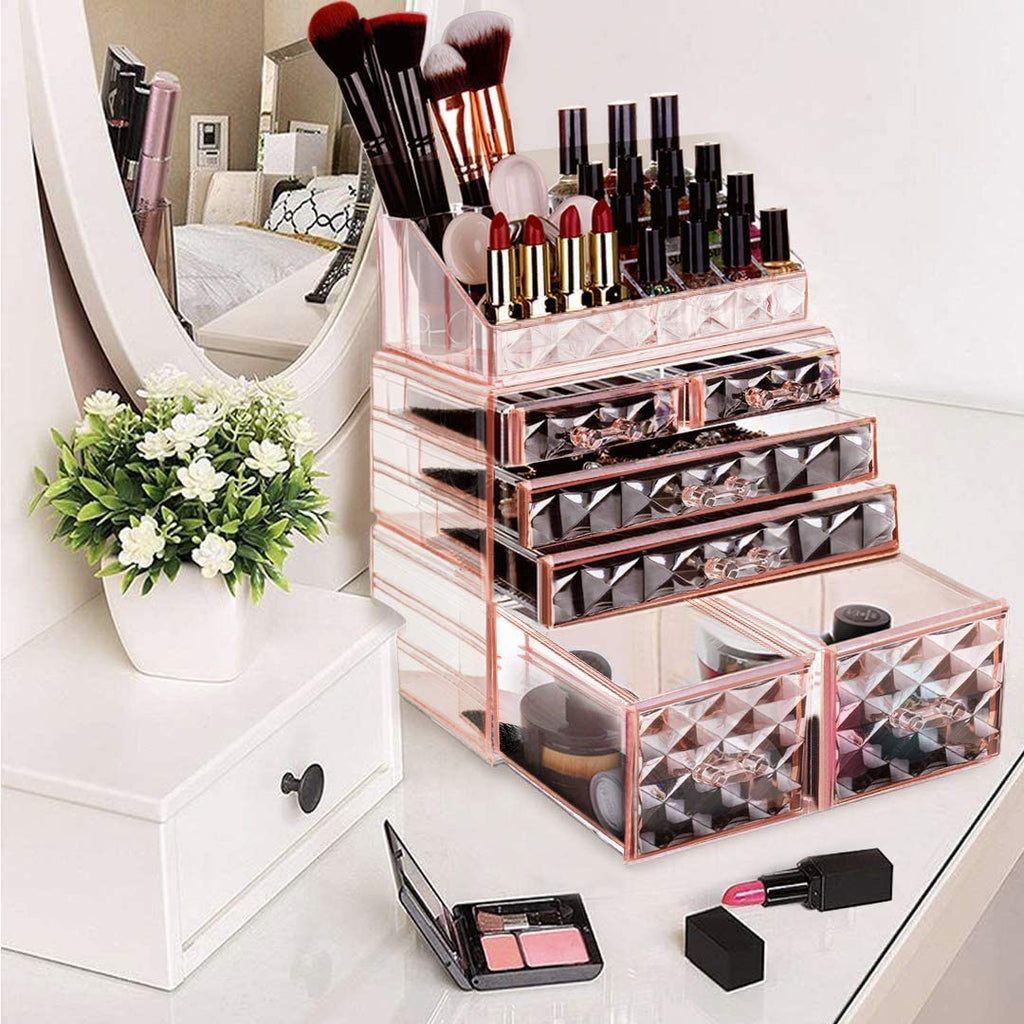 Makeup Organizer 3 Pieces Acrylic Cosmetic Storage Drawers and Jewelry Display Box, Pink Diamond Pattern