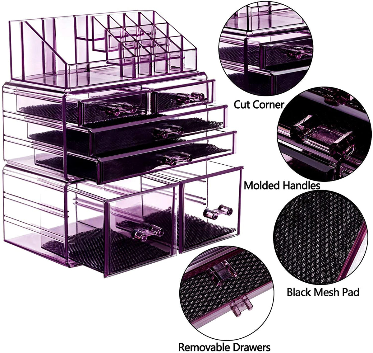 Makeup Organizer 3 Pieces Acrylic Cosmetic Storage Drawers and Jewelry Display Box, Violet