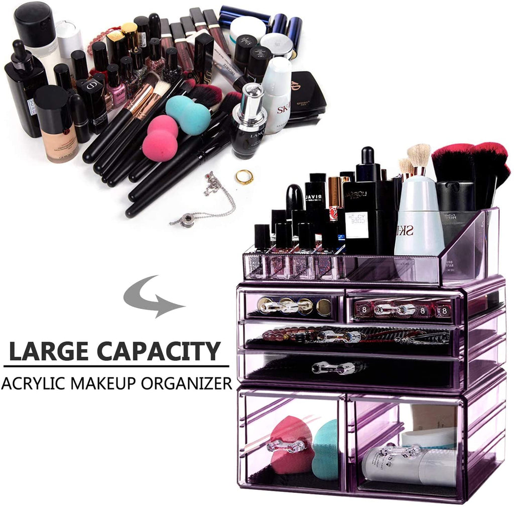 Makeup Organizer 3 Pieces Acrylic Cosmetic Storage Drawers and Jewelry Display Box, Violet
