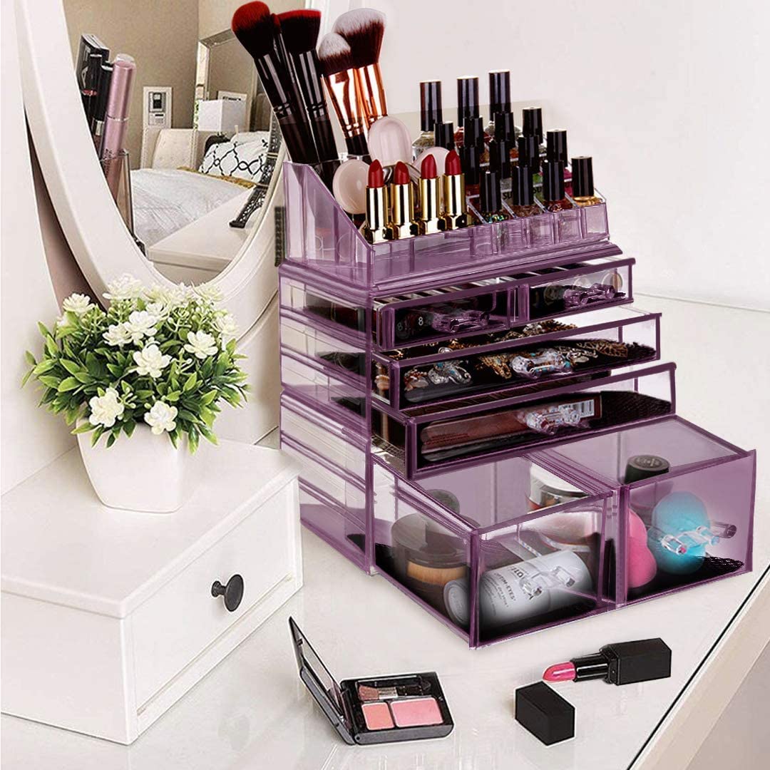 Makeup Organizer 3 Pieces Acrylic Cosmetic Storage Drawers and Jewelry Display Box, Violet