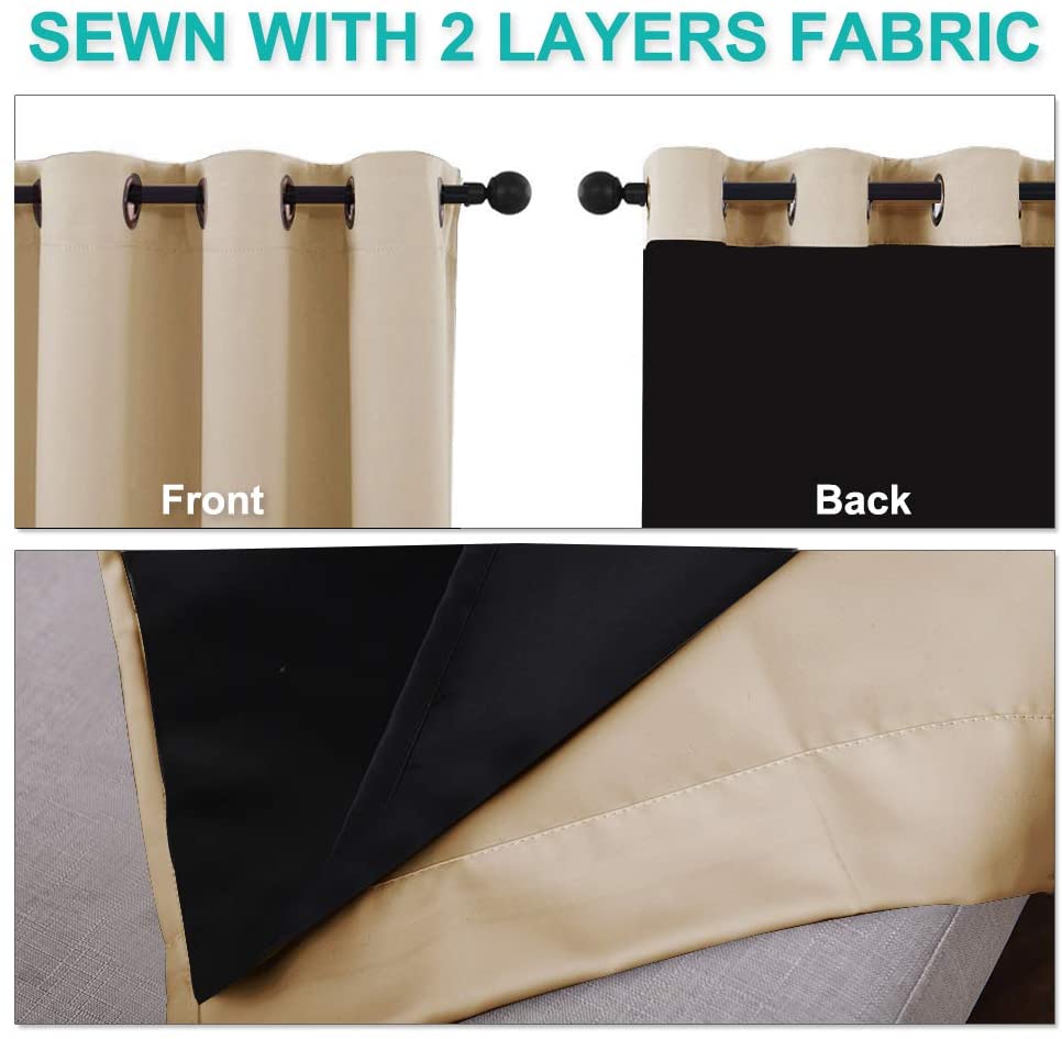 Bedroom Full Blackout Curtain Panels, Super Thick Insulated Grommet Drapes, Double-Layer Blackout Draperies with Black Liner for Small Window Set of 2 Panels Biscotti Beige