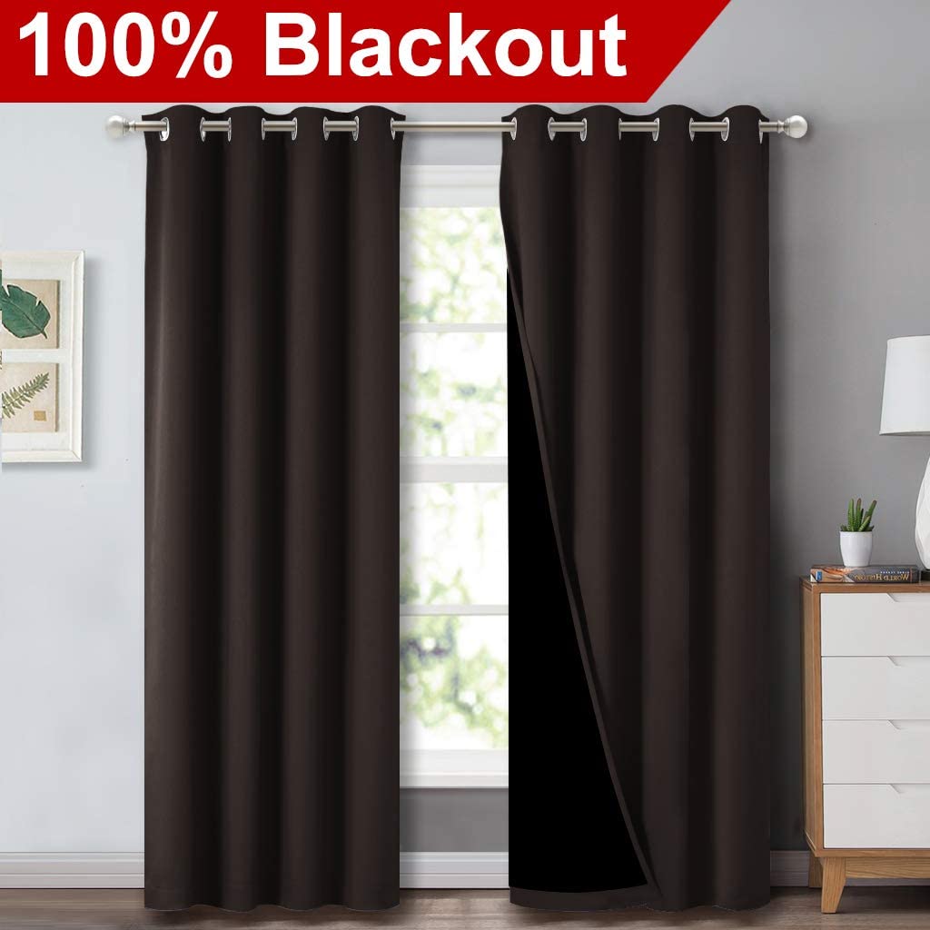 Bedroom Full Blackout Curtain Panels, Super Thick Insulated Grommet Drapes, Double-Layer Blackout Draperies with Black Liner for Small Window Set of 2 Panels Brown