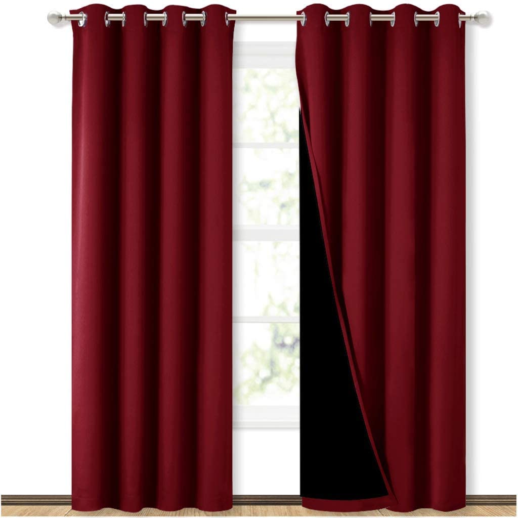 Bedroom Full Blackout Curtain Panels, Super Thick Insulated Grommet Drapes, Double-Layer Blackout Draperies with Black Liner for Small Window Set of 2 Panels Burgundy Red