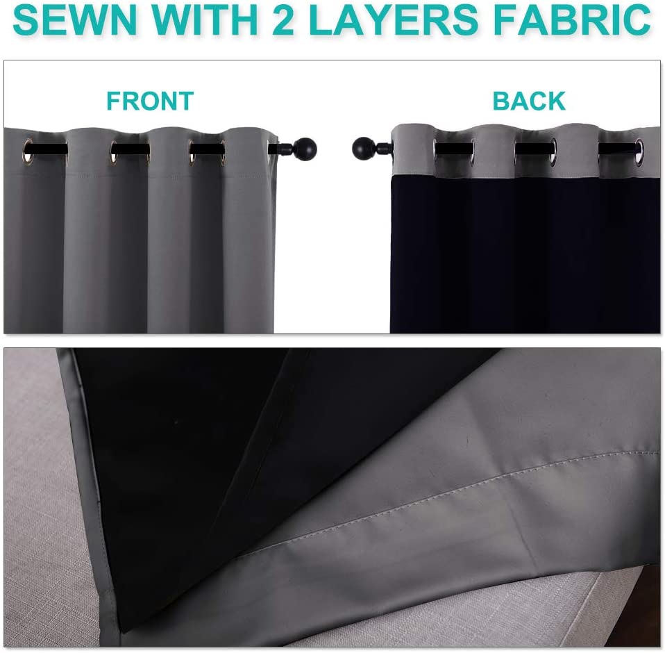 Bedroom Full Blackout Curtain Panels, Super Thick Insulated Grommet Drapes, Double-Layer Blackout Draperies with Black Liner for Small Window Set of 2 Panels  Grey