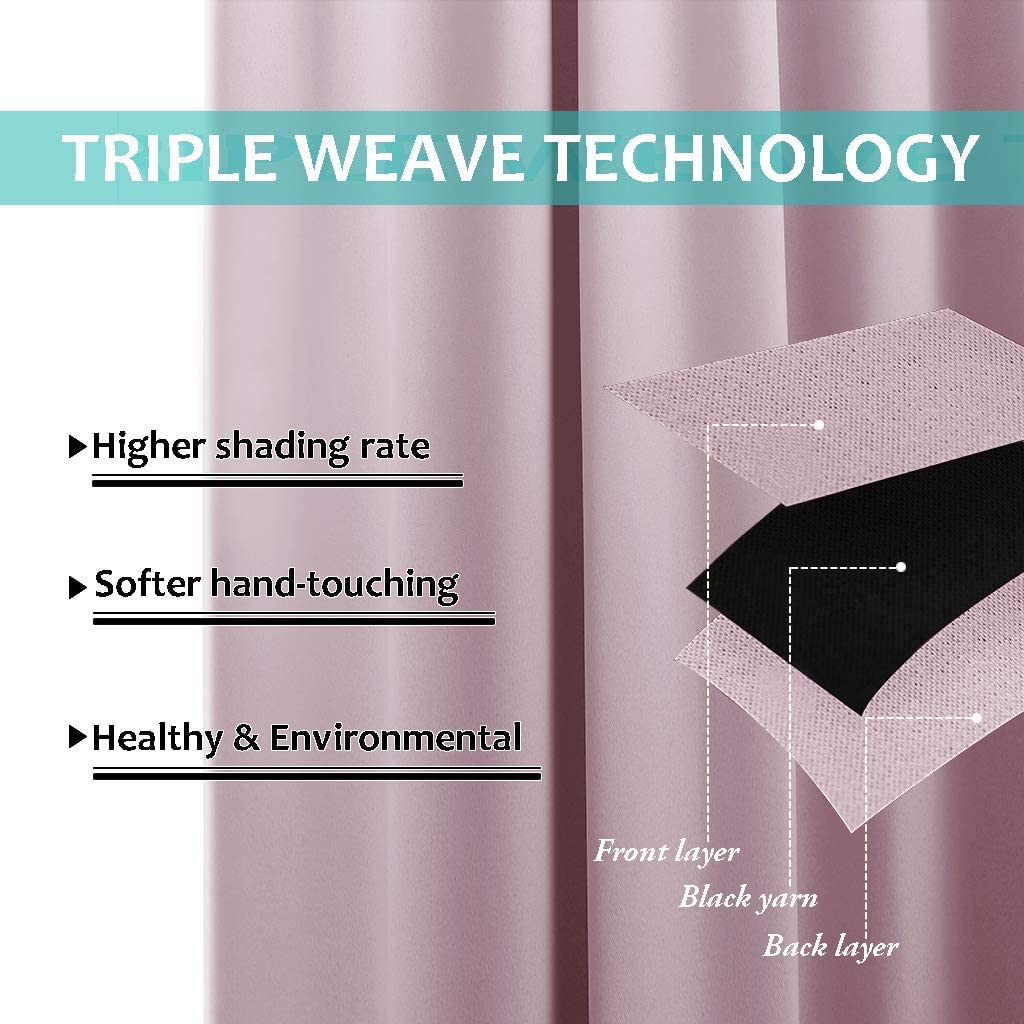 Bedroom Full Blackout Curtain Panels, Super Thick Insulated Grommet Drapes, Double-Layer Blackout Draperies with Black Liner for Small Window Set of 2 Panels Lavender Pink