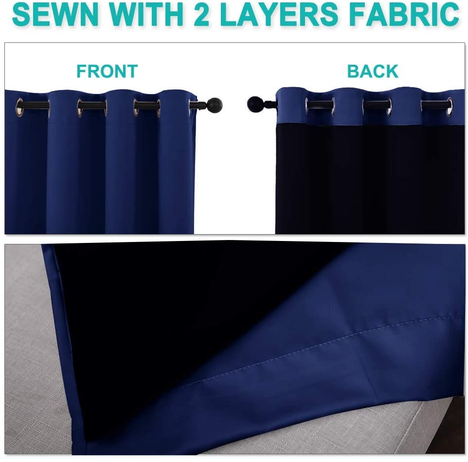 Bedroom Full Blackout Curtain Panels, Super Thick Insulated Grommet Drapes, Double-Layer Blackout Draperies with Black Liner for Small Window Set of 2 Panels Navy Blue