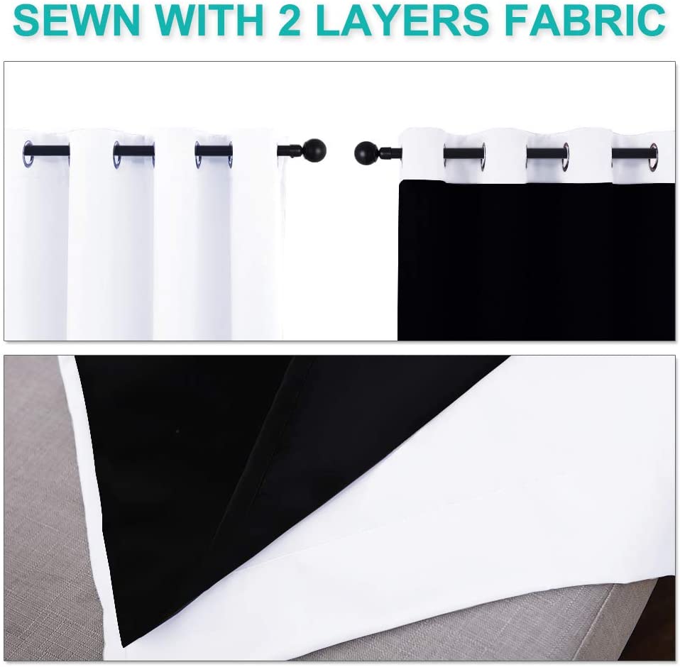 Bedroom Full Blackout Curtain Panels, Super Thick Insulated Grommet Drapes, Double-Layer Blackout Draperies with Black Liner for Small Window Set of 2 Panels Pure White