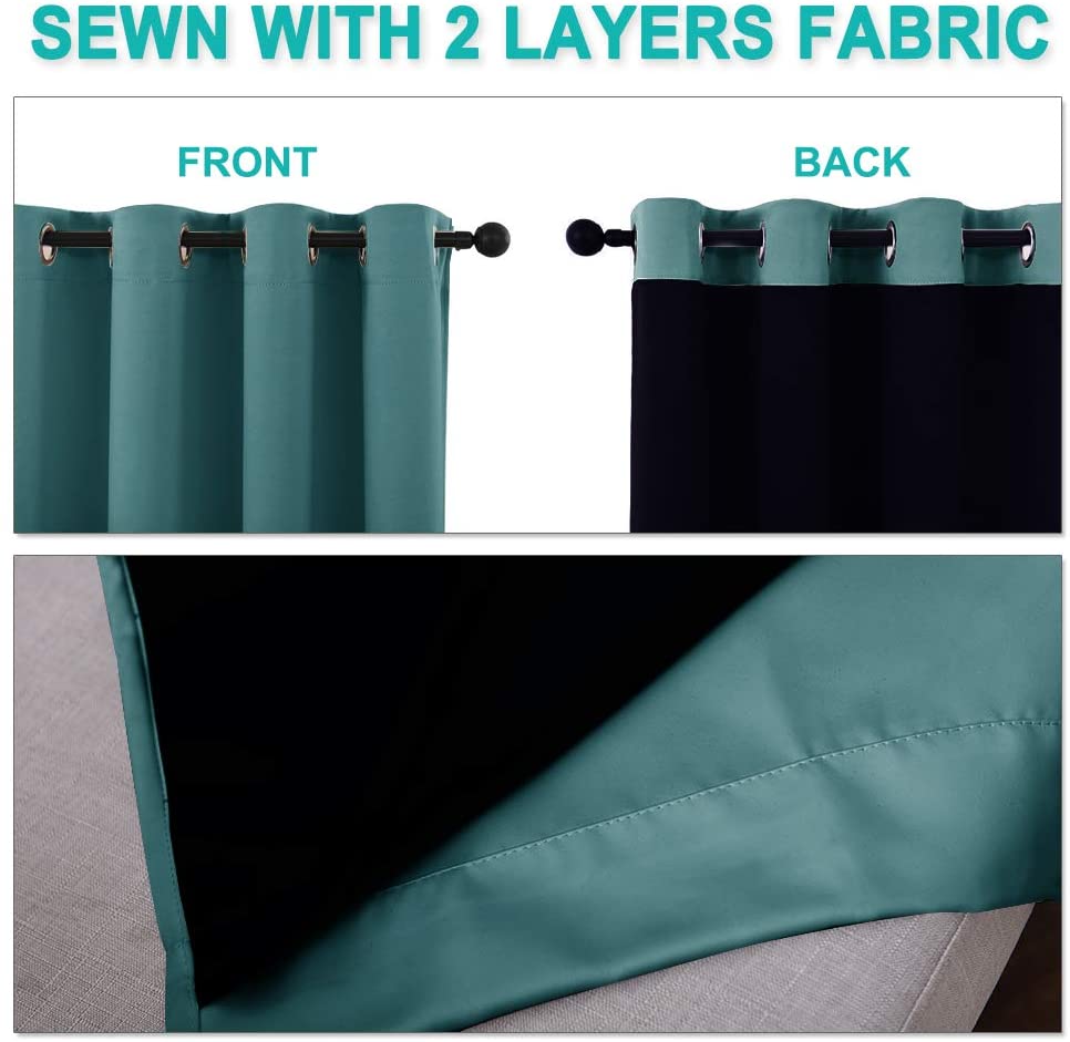 Bedroom Full Blackout Curtain Panels, Super Thick Insulated Grommet Drapes, Double-Layer Blackout Draperies with Black Liner for Small Window Set of 2 Panels  Sea Teal