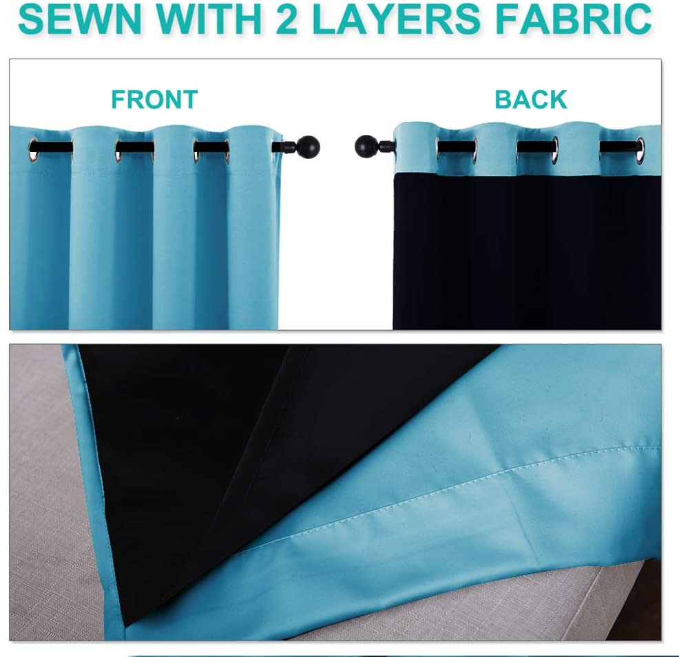 Bedroom Full Blackout Curtain Panels, Super Thick Insulated Grommet Drapes, Double-Layer Blackout Draperies with Black Liner for Small Window Set of 2 Panels Teal Blue