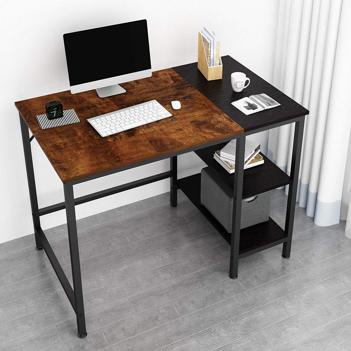 Home Office Computer Desk,Small Study Writing Desk with Wooden Storage Shelf,2-Tier Industrial Morden Laptop Table with Splice Board,40 inches(Vintage Oak Finish)