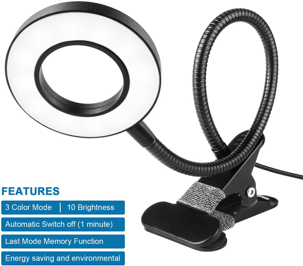 Desk Lamp Clip Light, Woputne 10 Dimmable Brightness 3 Light Modes Reading Light, Clamp Bedside Lamp for Video, Study, Painting, Piano, Craft, Study, Work (Black)