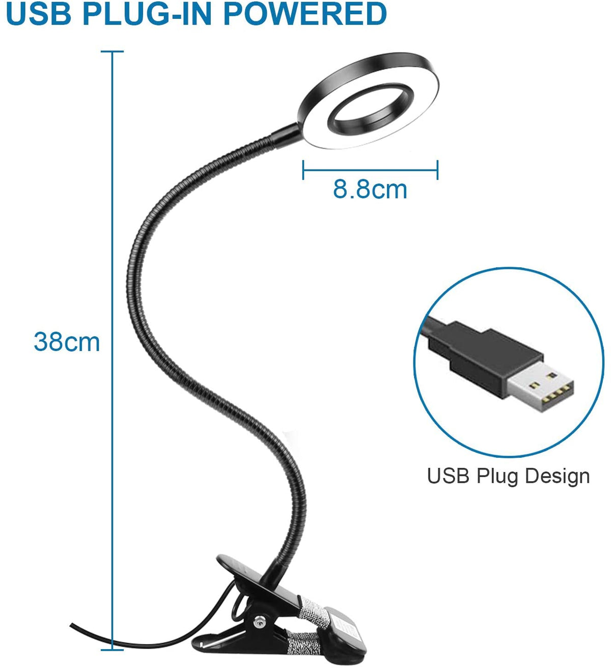 Desk Lamp Clip Light, Woputne 10 Dimmable Brightness 3 Light Modes Reading Light, Clamp Bedside Lamp for Video, Study, Painting, Piano, Craft, Study, Work (Black)