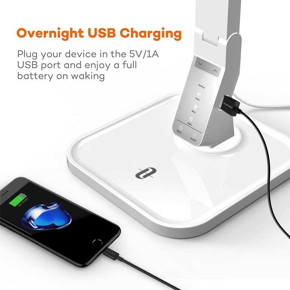 TT-DL02 LED Desk Lamp with USB Charging Port, 4 Lighting Modes with 5 Brightness Levels, 1h Timer, Touch Control, Memory Function, White, 14W, Official Member of Philips Enabled Licensing