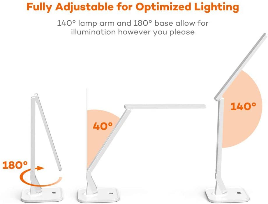 TT-DL02 LED Desk Lamp with USB Charging Port, 4 Lighting Modes with 5 Brightness Levels, 1h Timer, Touch Control, Memory Function, White, 14W, Official Member of Philips Enabled Licensing