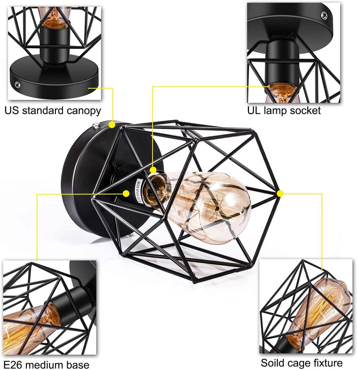 Semi-Flush Mount Ceiling Light E26 E27 Retro Black Industrial Ceiling Light Fixture for Porch Hallway Kitchen Farmhouse Lighting 2 Pack