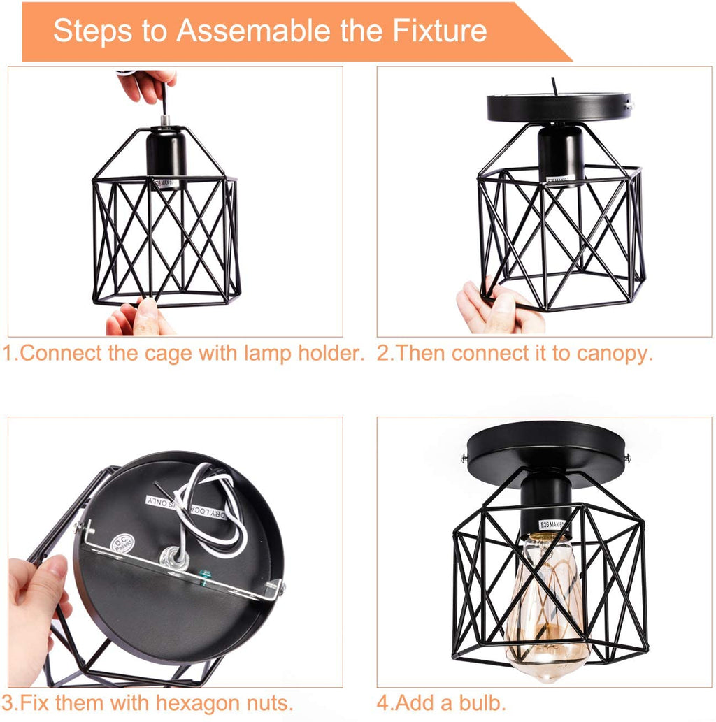 Semi-Flush Mount Ceiling Light E26 E27 Retro Black Industrial Ceiling Light Fixture for Porch Hallway Kitchen Farmhouse Lighting 2 Pack