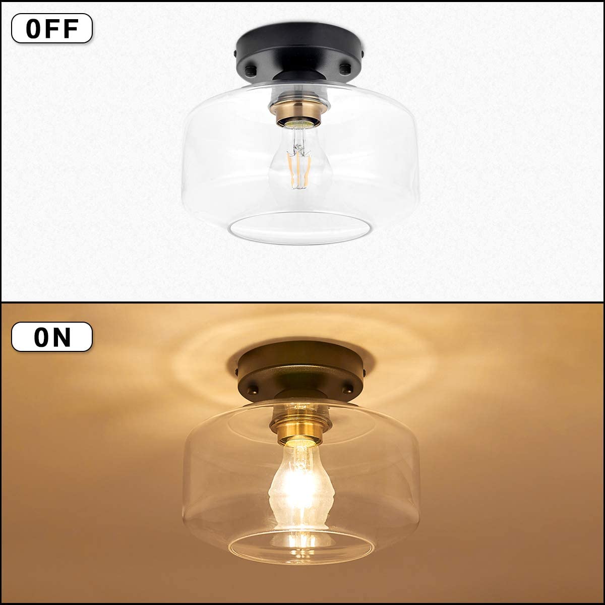 Semi Flush Ceiling Light, Brass Accent Socket, Upgraded Canopy, Matte Black Ceiling Light Fixture with Clear Glass for Hallway, Entryway, Dining Room, Bedroom,Living Room