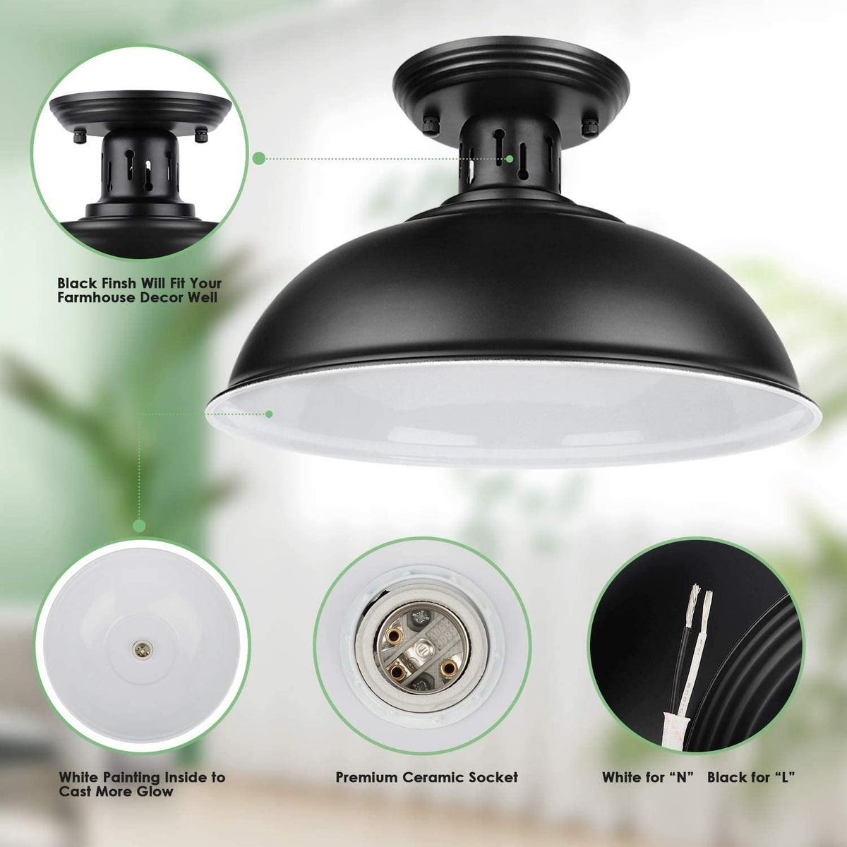Farmhouse Semi Flush Mount Ceiling Light Fixture, E26 Base, Industrial Black Pendant Lamp Shade, Vintage Close to Ceiling Lighting for Kitchen Island Laundry Corridor Porch Foyer Hallway Entryway