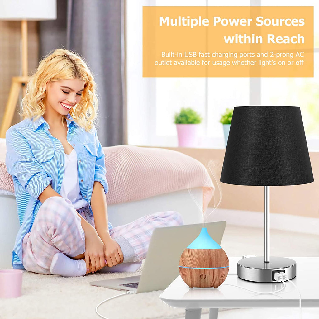 Touch Control Table Lamp with 2 USB Ports and AC Outlet, 3 Way Dimmable Modern Bedside Nightstand Lamp with Black Fabric Shade & Satin Nickle Base for Bedroom Living Room Office, LED Bulb Included
