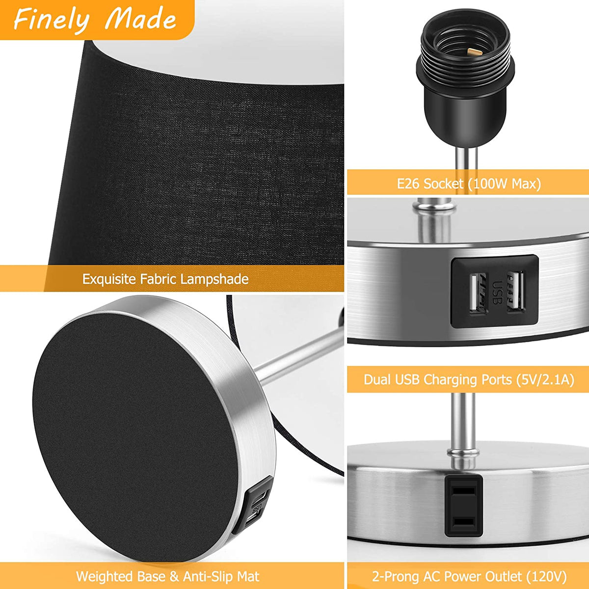 Touch Control Table Lamp with 2 USB Ports and AC Outlet, 3 Way Dimmable Modern Bedside Nightstand Lamp with Black Fabric Shade & Satin Nickle Base for Bedroom Living Room Office, LED Bulb Included