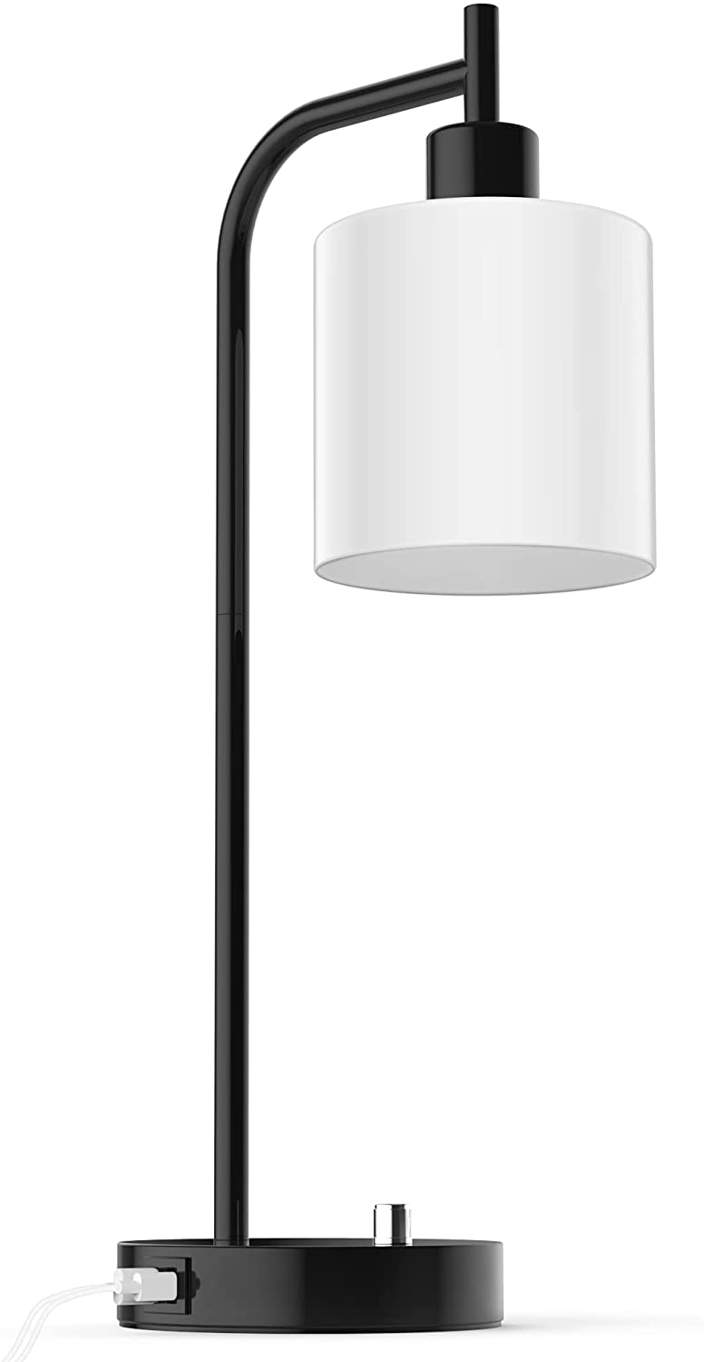 Table Lamp, Industrial Table Lamp with White Jade Glass Shade, LED Bulb Included, with Dimmable Function, Type C USB Port ,Nightstand Reading Lamps for Bedside, Study Room, Office (Black)
