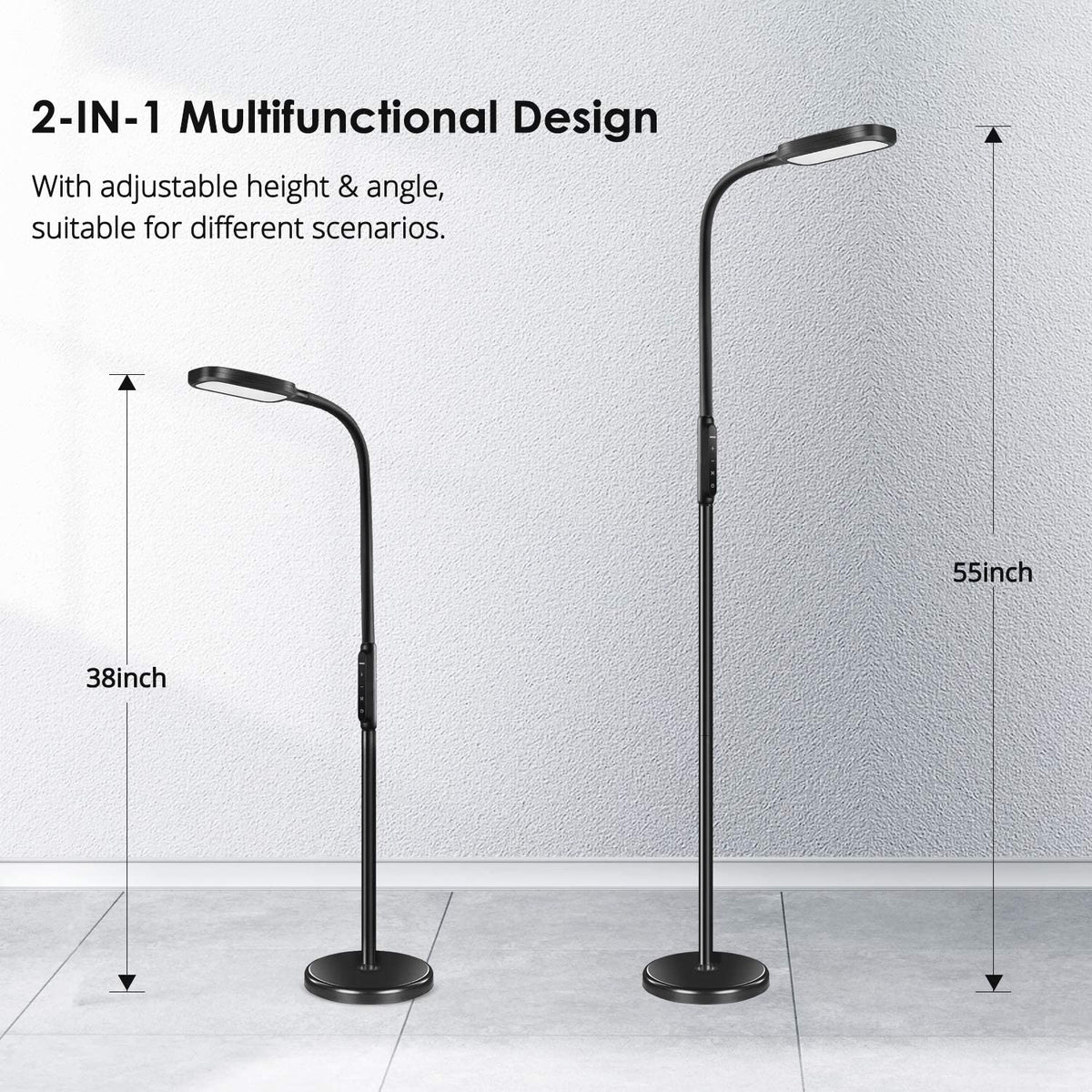 LED Floor Lamp with 5 Brightness Levels & 3 Color Temperatures, 1815 Lumens, Adjustable LED Floor Light, Dimmable Reading Standing Lamp for Sewing Living Room Bedroom Office