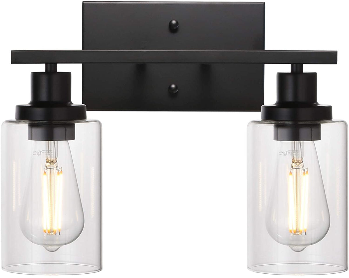 2-Light Black Wall Sconce Industrial Vintage with Clear Glass Shade and Metal Base, Bathroom Vanity Lights Hallway Light Fixture Sconces Wall Lighting