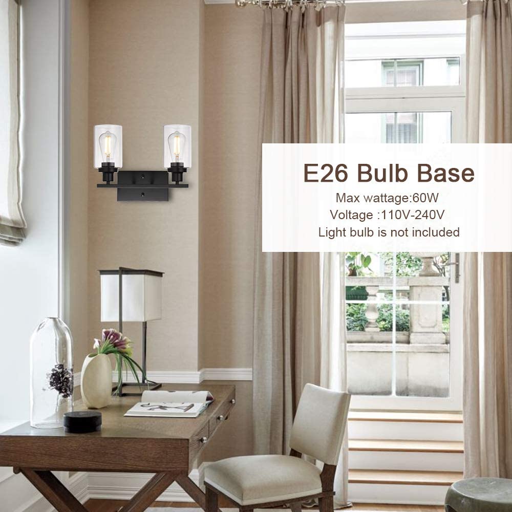 2-Light Black Wall Sconce Industrial Vintage with Clear Glass Shade and Metal Base, Bathroom Vanity Lights Hallway Light Fixture Sconces Wall Lighting