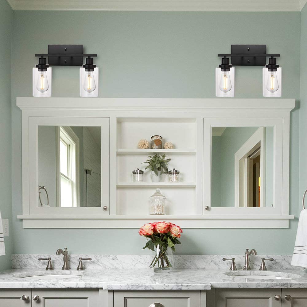 2-Light Black Wall Sconce Industrial Vintage with Clear Glass Shade and Metal Base, Bathroom Vanity Lights Hallway Light Fixture Sconces Wall Lighting