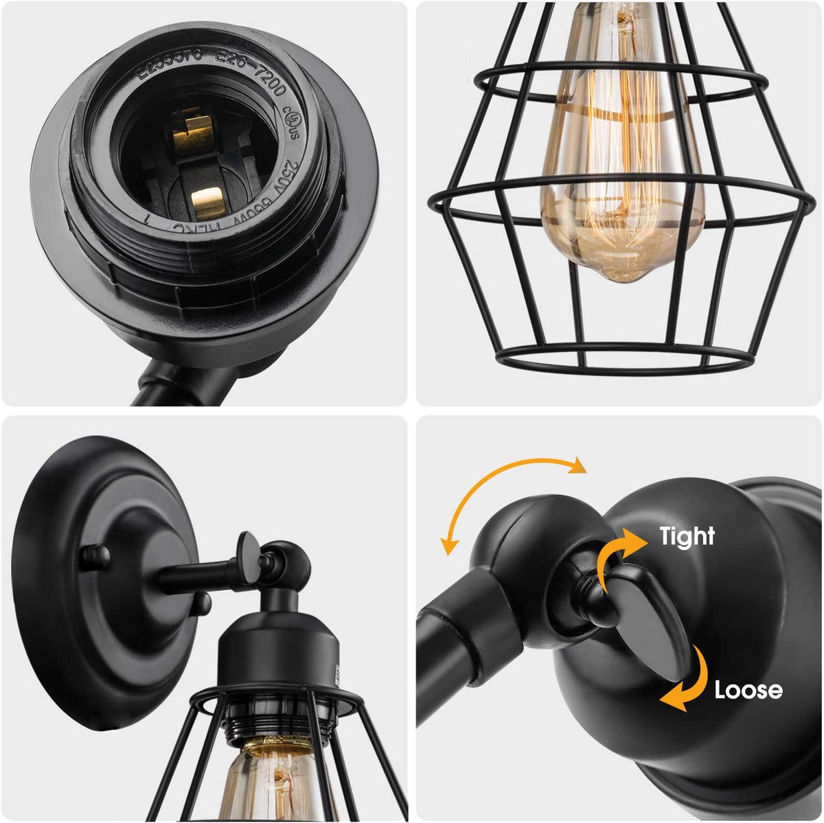 Industrial Wall Sconce, 2 Pack, Vintage Wire Cage Wall Lighting Sconce, Farmhouse Wall Lighting Fixture for Bedroom, Headboard,Garage, Porch